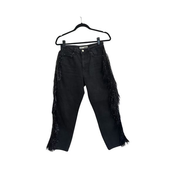 Topshop Black Tinsel Fringe Straight Leg Jeans - Picture 3 of 9
